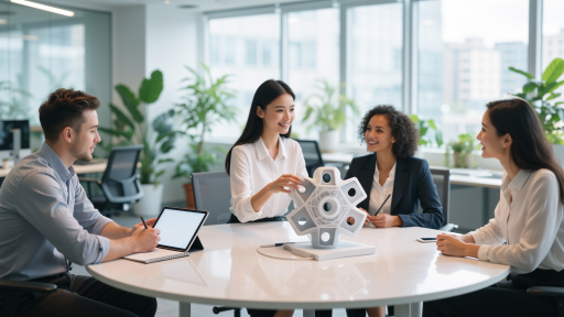 技术团队与客户讨论定制化解决方案，商务会议场景，现代化办公室环境，明亮自然光