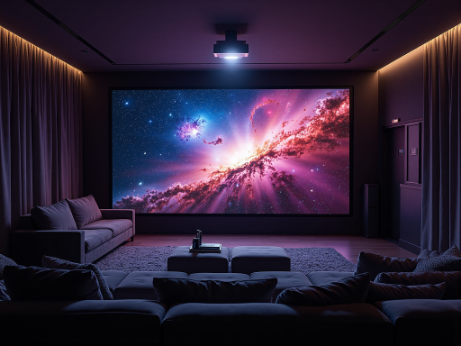 智能投影仪投射AIKTV画面，家庭影院环境，投影幕布显示KTV界面，现代家居设计