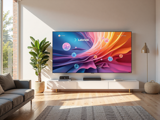 互联网智能电视屏幕显示AIKTV界面，客厅环境，现代家居设计，明亮自然光